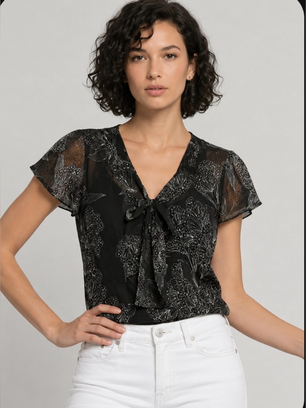 Laura Ashley  silk 2 pic set Black Sheer Floral Tie-Neck Blouse